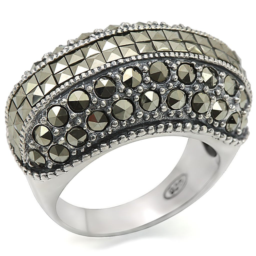 JCES466 Antique Tone 925 Sterling Silver Ring with Synthetic Marcasite in Black Diamond