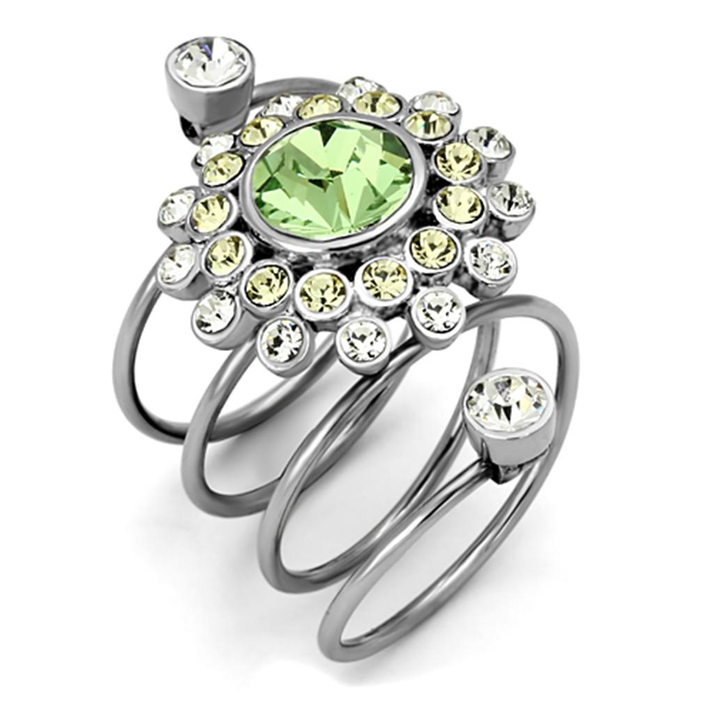 JCE1148 High polished (no plating) Stainless Steel Ring with Top Grade Crystal  in Peridot