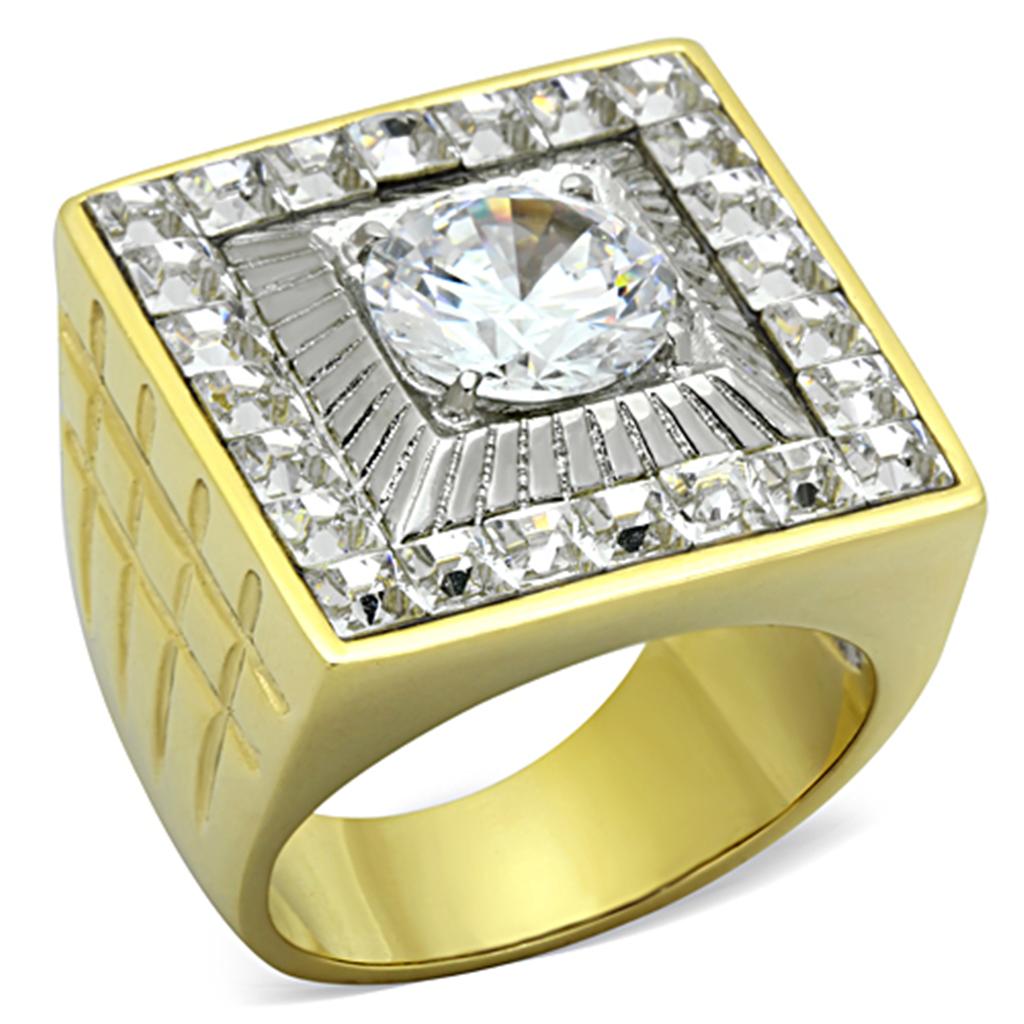 JCE1359 Two-Tone IP Gold (Ion Plating) Stainless Steel Ring with AAA Grade CZ  in Clear