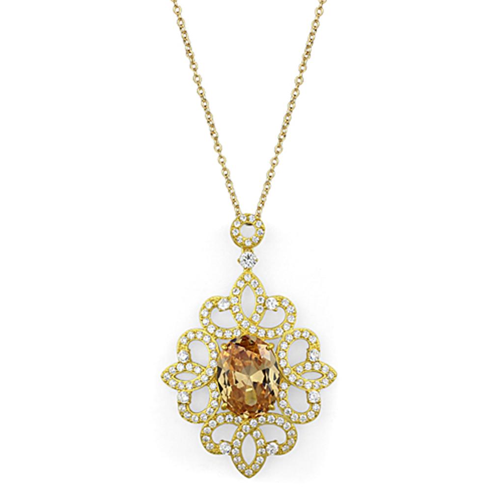JCES784 Gold 925 Sterling Silver Chain Pendant with AAA Grade CZ  in Champagne